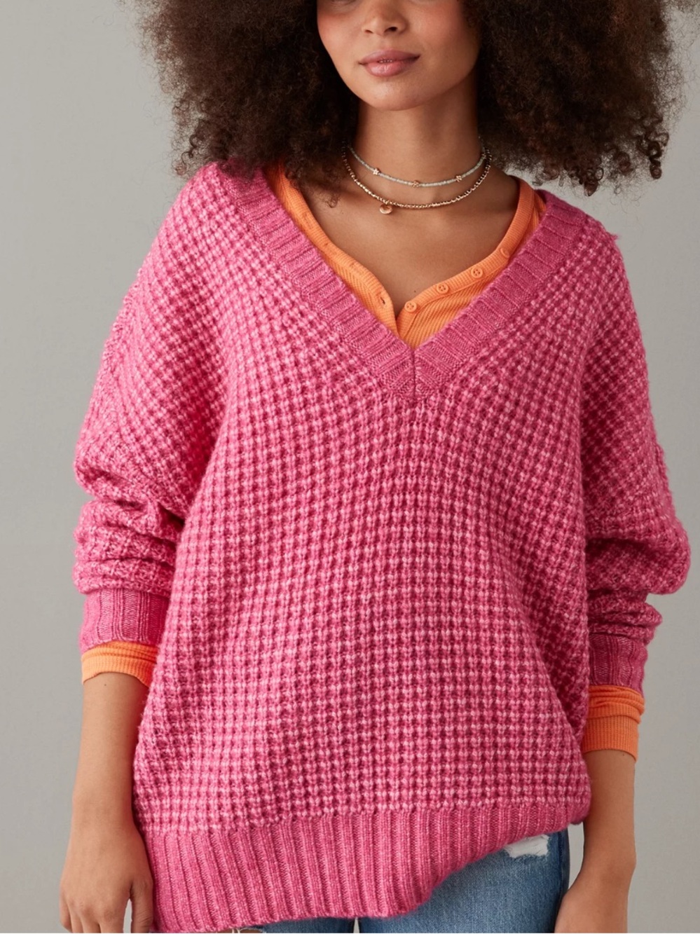 American Eagle Whoa So Cozy Waffle Knit Chunky Fisherman Sweater Pink Size M